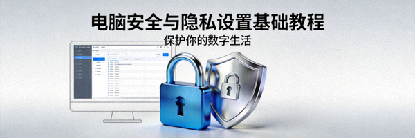 电脑安全与隐私设置基础教程封面图 - 显示安全锁和盾牌图标