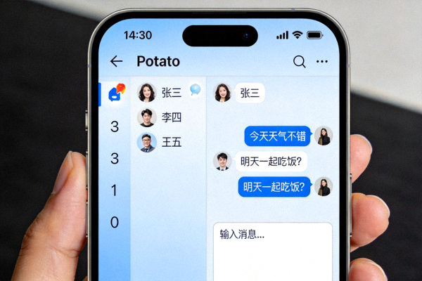 Potato 应用成功登录后的主聊天界面，显示联系人列表和对话示例