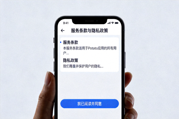 Potato 应用首次启动时的服务条款与隐私政策同意界面