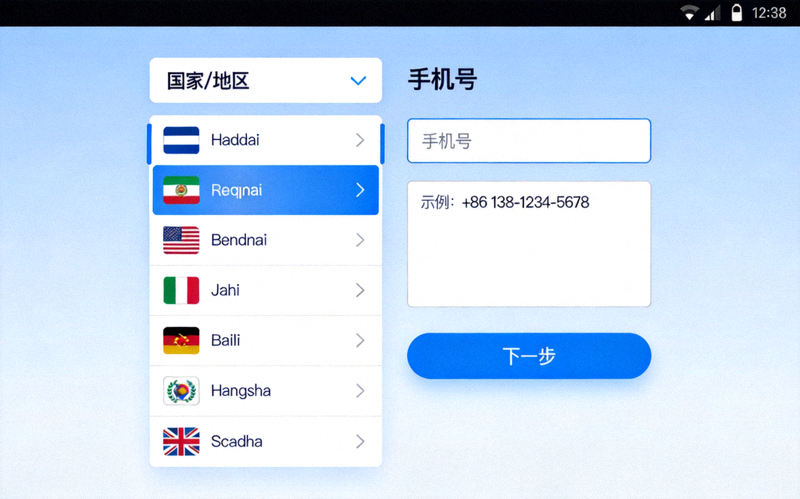 Telegram 桌面客户端登录界面示意图 - 显示国家选择和手机号输入框