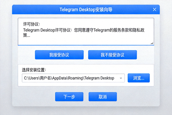 Windows 系统 Telegram 安装向导界面示意图 - 显示许可协议和安装路径选择